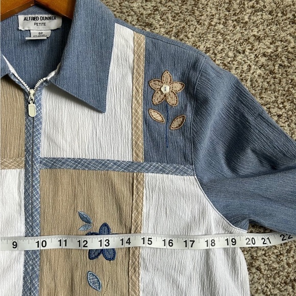 Alfred Dunner Blue Cream Checkered Floral Zip Up Jacket 8P Coastal Grandma - Picture 6 of 7